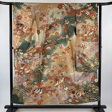 JAPANESE KIMONO FURISODE BEIGE 154cm 5 ft 1 in PURE SILK FF11892