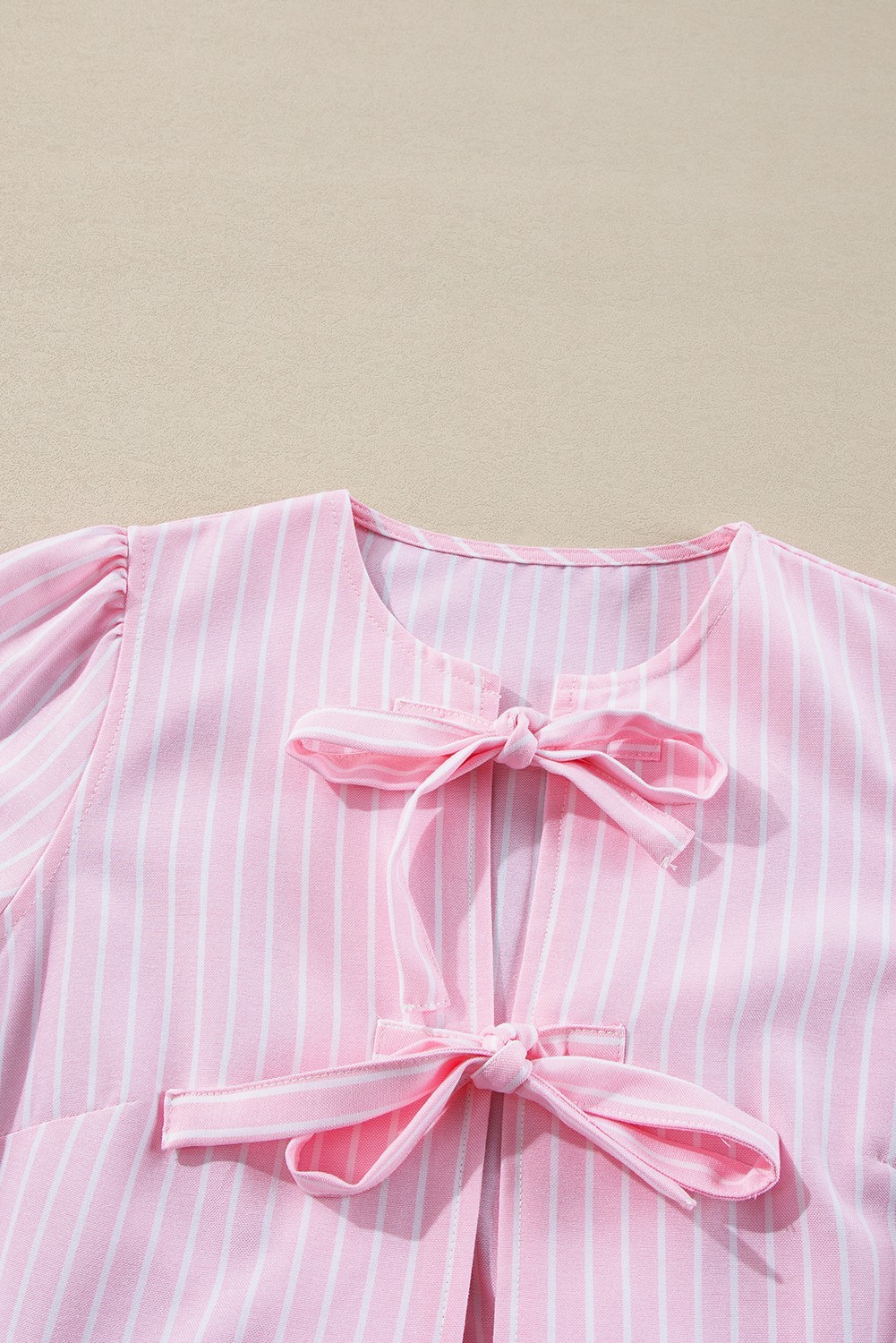 Pink Stripe Blouse L Bowknot Front Crew Neck Puff Sleeve Peplum Top UK Size 14 image 6