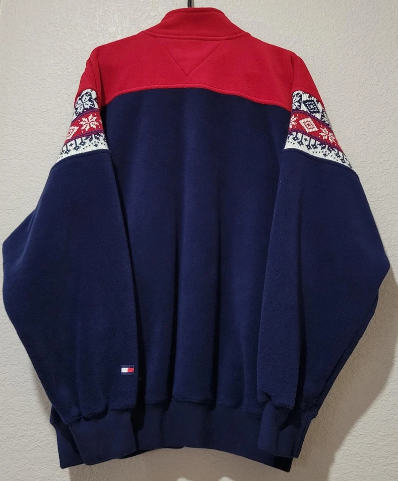 Tommy Hilfiger Sweater Mens Large Red Navy Quarter Zip Fleece Fair Isle Nordic - Image 2 of 4