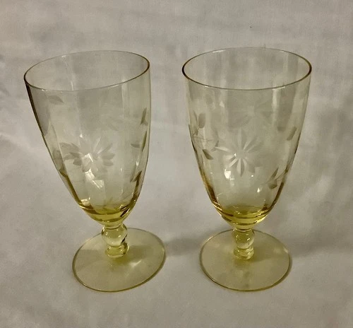 Lancaster Glass Co. Jubilee Etched Yellow 10oz 6" Tall Footed Water Tumbler Pair