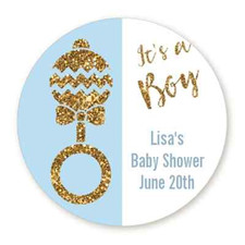 It's A Boy Gold Glitter Rattle - Round Personalized Baby Shower Sticker Labels