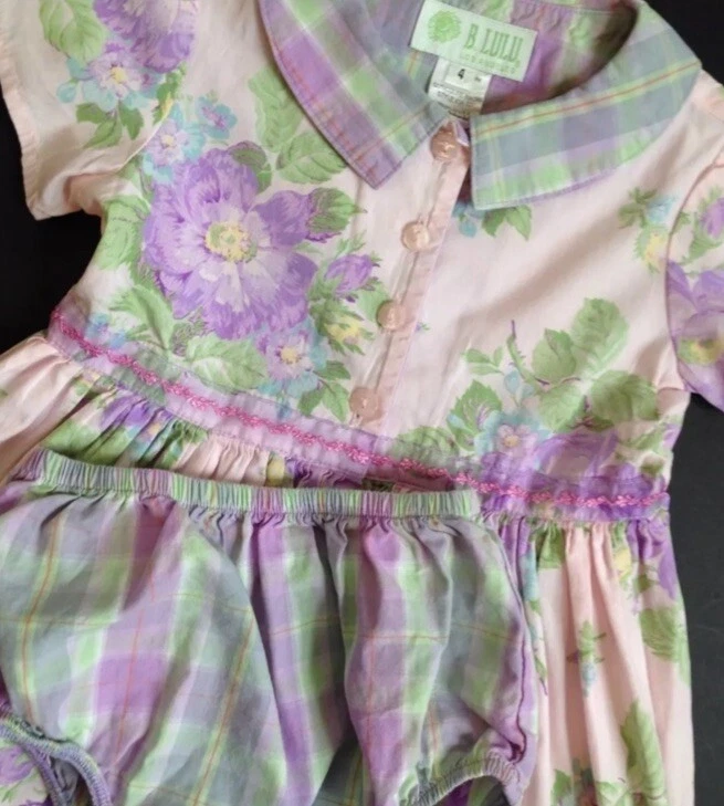 Baby Lulu Los Angeles Purple Camellia Floral Plaid Dress Bloomer 4 - Image 2 of 3