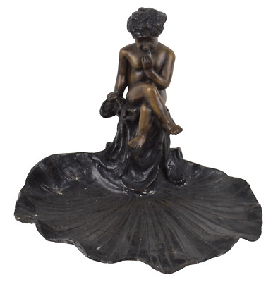 Antique Bronze Statue Artwork Sculpture Boy Sitting Next to Pond Signed 12'' Tall