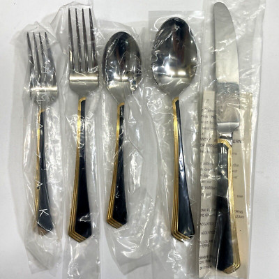 5 PIECE RAMONA STAINLESS BLACK GOLD FORK KNIFE SPOON SALAD TEASPOON SILVERWARE