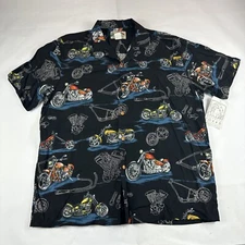 Paradise Found Hawaiian Shirt Mens L Motorcycle Chopper Aloha Black Short Sleeve