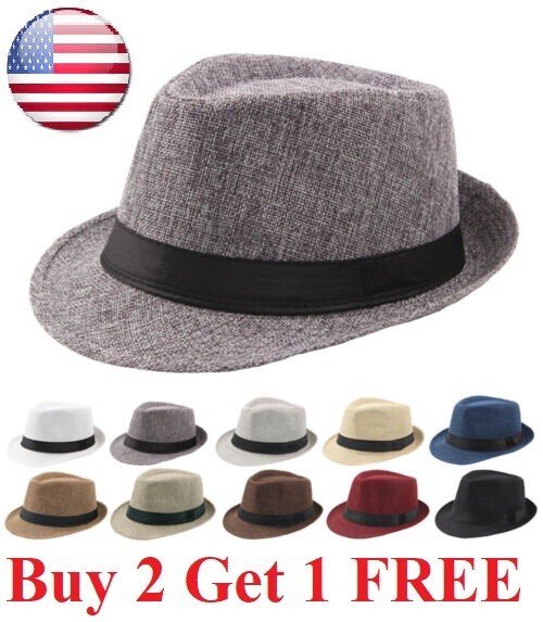 Men Women Straw Jazz Fedora Hat Trilby Cuban Sun Cap Panama Short Brim ...