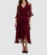 Tahari ASL Womens Red Ruffled V Neck 3/4 Sleeve Cold-Shoulder Dress Size 4