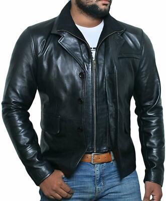 Herren Schwarz Leder Offizier Blazer Mantel Echt Lammfell Leder Freizeit Jacke