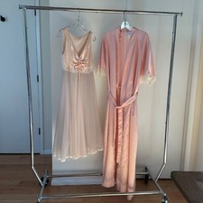 Pink Vintage 70s Double Chiffon  Satin Nightgown  Peignoir Robe Eve Stillman