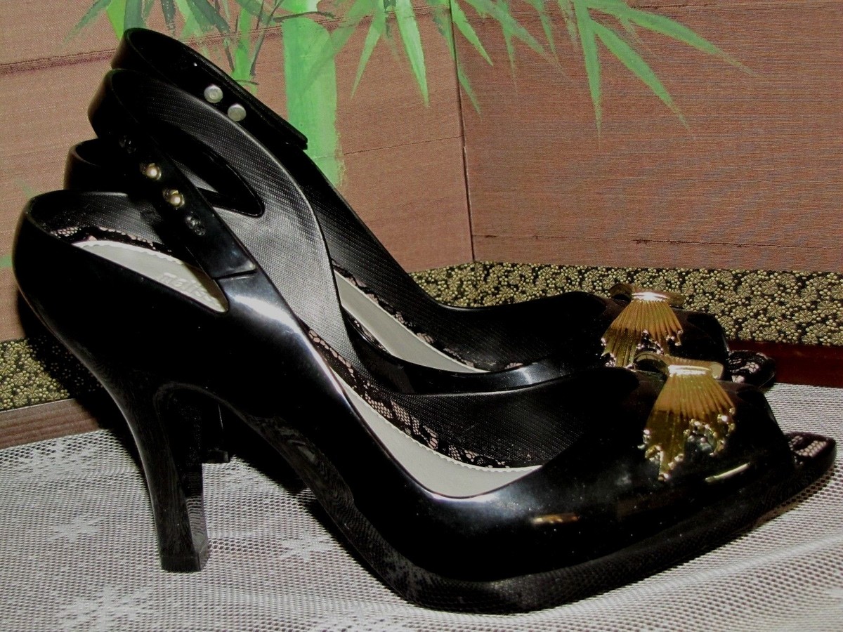 Jason Wu For Melissa Black Lady Dragon Peep toe Sling Back Heels