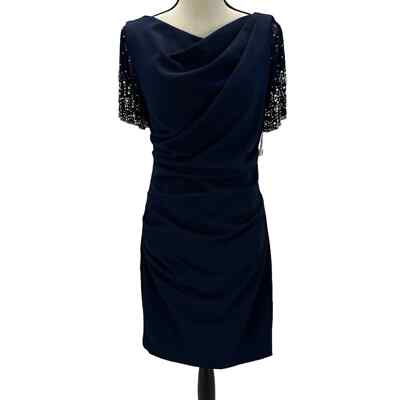 betsy and adam beaded sleeve dress Short Sheer Side Ruched Midi Gown - Navy Blue -size 10P Mid-Century Fluted 9-Drawer Extra Off the Shoulder Size and Style::4 The fabric has some