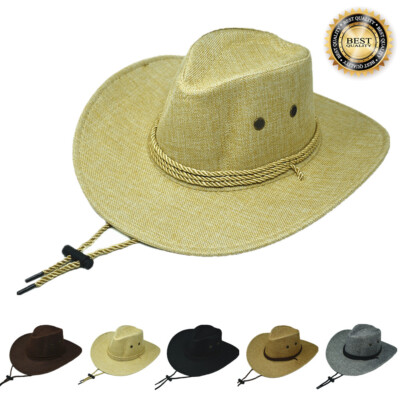 Mens Summer Sun Bucket Cap Cowboy Panama Fedora Linen Mesh Paper Hat Wide Brim