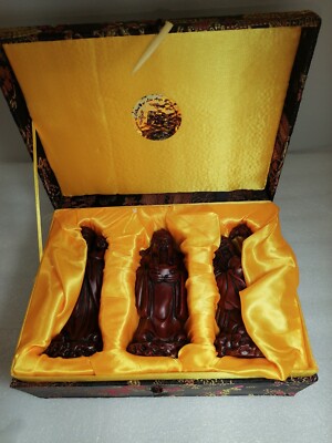 Gifts for Elders:Red Stone Plowed Chinese Gods:Fu,Lu,Sou FIGURINES, w/ gift box