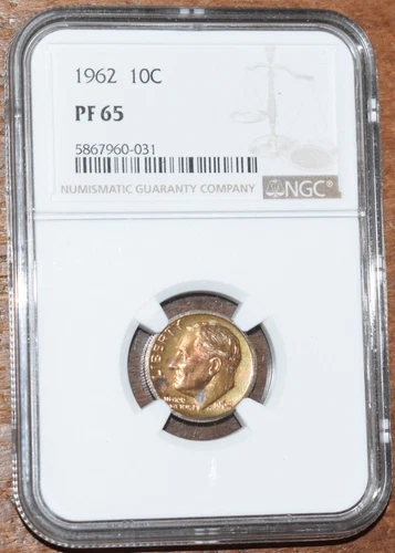 USA 1962 Roosevelt - Vintage Silver Dime NGC PF 65 - Golden Toning Eye Appeal