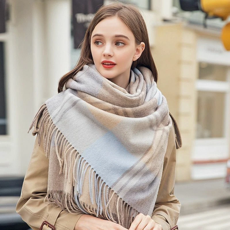 Women Cashmere Shawls Winter Wool Scarf Thicken Warm Wraps Ladies Plaid  Scarves