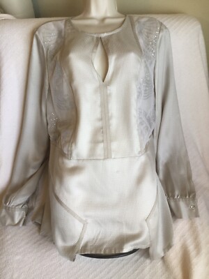 Gorgeous Sachin + Babi 100% Silk Beige Jeweled Top Size L