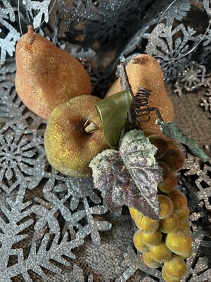VTG 4 LifeSized 4 X3  Beaded/Sugared Fruit & 7  Grapes Ornament Or Home Deco