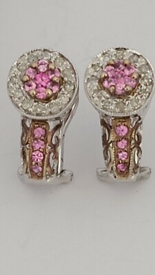 Zierliche Diamant & rosa Saphir Ohrringe 14k Weißgold Cluster Omega Clip Backs 