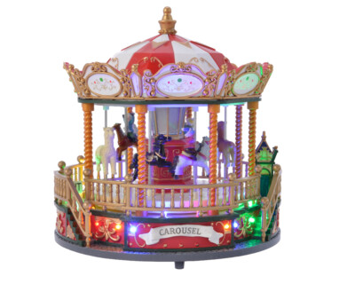 Xmas LED Jahrmarkt Karussell Szene Weihnachtsdorf Ornament Multi Licht Sound 