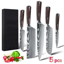 5PCS Kitchen Knives Set Stainless Steel Japanese Damascus Chef's Knife Cleaver