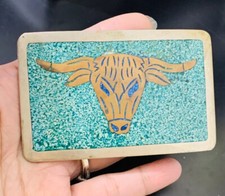 Vintage Signed Hechoen Mexico Silver Turquoise BELT BUCKLE