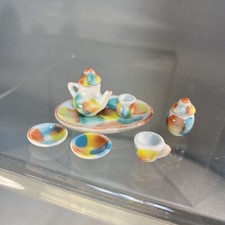 Miniature Porcelain Tea Set Teal Orange Yellow 9 Pc Set Children  s Doll Thailand