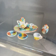 Miniature Porcelain Tea Set Teal Orange Yellow 9 Pc Set Children’s Doll Thailand