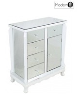 Contemporary Venetian Mirrored Sideboard With White Trim, Mirrored Cabinet Contemporary Venetian Mirrored Sideboard With White Trim, Mirrored Cabinet