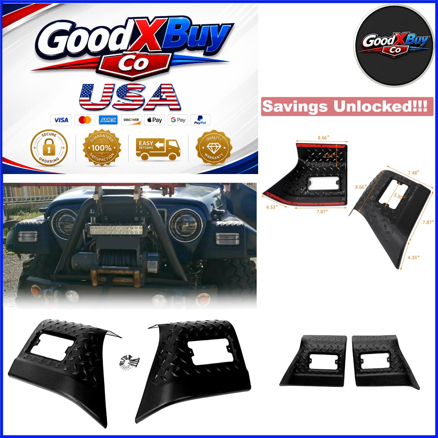 FOR Jeep Wrangler TJ Bug Chip Guards Front Body Armor Black 1997-2006