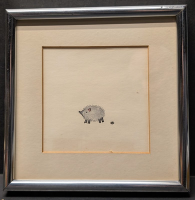 Vintage 70's Hedgehog Pen & Ink Thumb Print Art Signed KD Chrome Frame 9'' x 9''