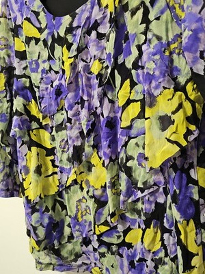Croft &Barrow 1X Plus Blouse Purple Yellow Floral Ruffle Scoop-neck 3/4 Sleeve