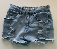 SHEIN Distressed Cut Off Denim Shorts Blue Frayed Hem Stretch Size XS