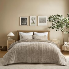 EVERGRACE Velvet Quilt Set Queen Size, Full/Queen 90" x 92" , Beige Taupe