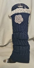 Icon Collection Ladies Leg Warmer Blue with White Lace Beige Crochet Flower NWT