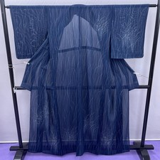 Dark Blue silk summer kimono with plant pattern, used, Fine Silk