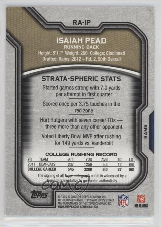 2012 Topps Strata Rookie Auto Green /50 Isaiah Pead #RA-IP Auto RC - Image 2 of 2
