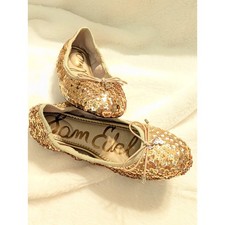 Sam Edelman Gold Sequin Ballet Flats Embellished Bow Sparkle Party Shoes Girls 2