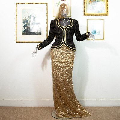 Vintage 80er schwarz gold Abend Sakko verzierte Flechtborte Cocktail Blazer S 10