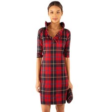 Gretchen Scott Red Plaid Ruffle Collar Neck Shift Dress •S• 3/4 Sleeve Tartan