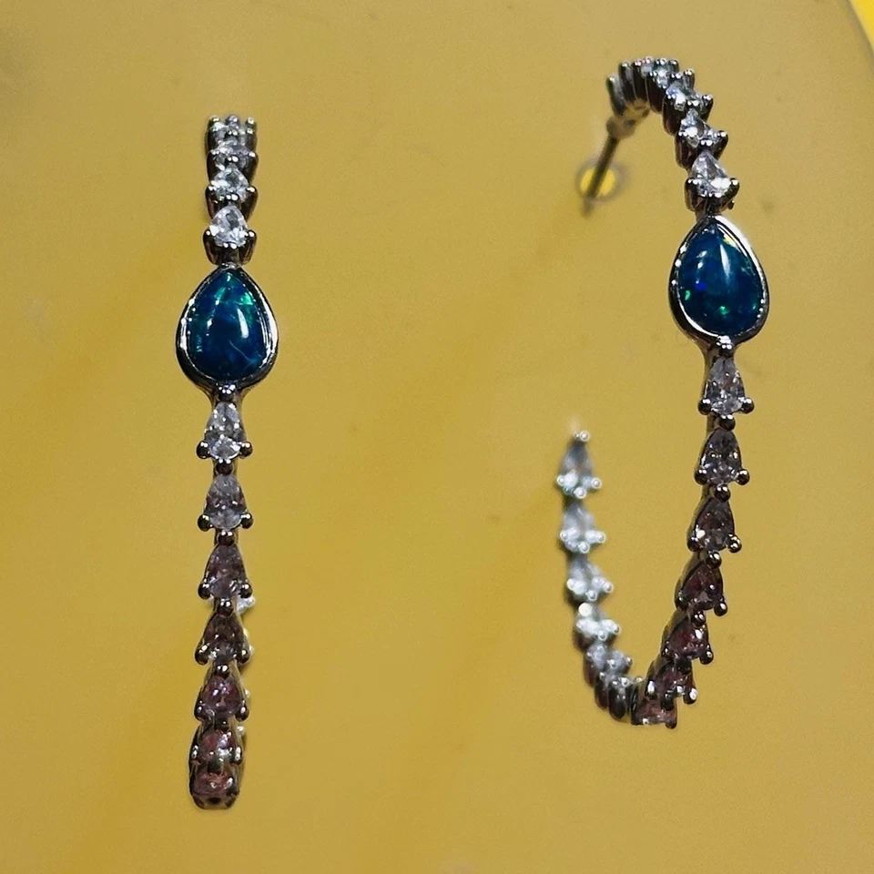 NUEVO EN CAJA Pendientes de aro Bomb Party RBP ópalo de fuego azul y circonita cúbica rodio pl Foto 3 de 4