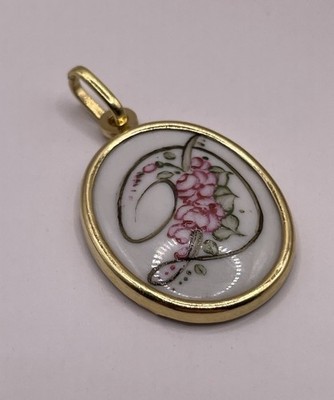 ITALIENISCHER 18K 18KT GELBGOLD INITIALE D HANDBEMALT OVAL FLORAL PORZELLAN ANHÄNGER