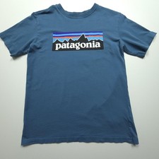 Patagonia Boys Shirt Youth XL 14 Blue Tee Logo Organic Cotton Short Sleeve