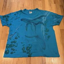 VTG Maui Dive Shop T Shirt 1990's All Over Print Blue Whale Small Hole Hanes