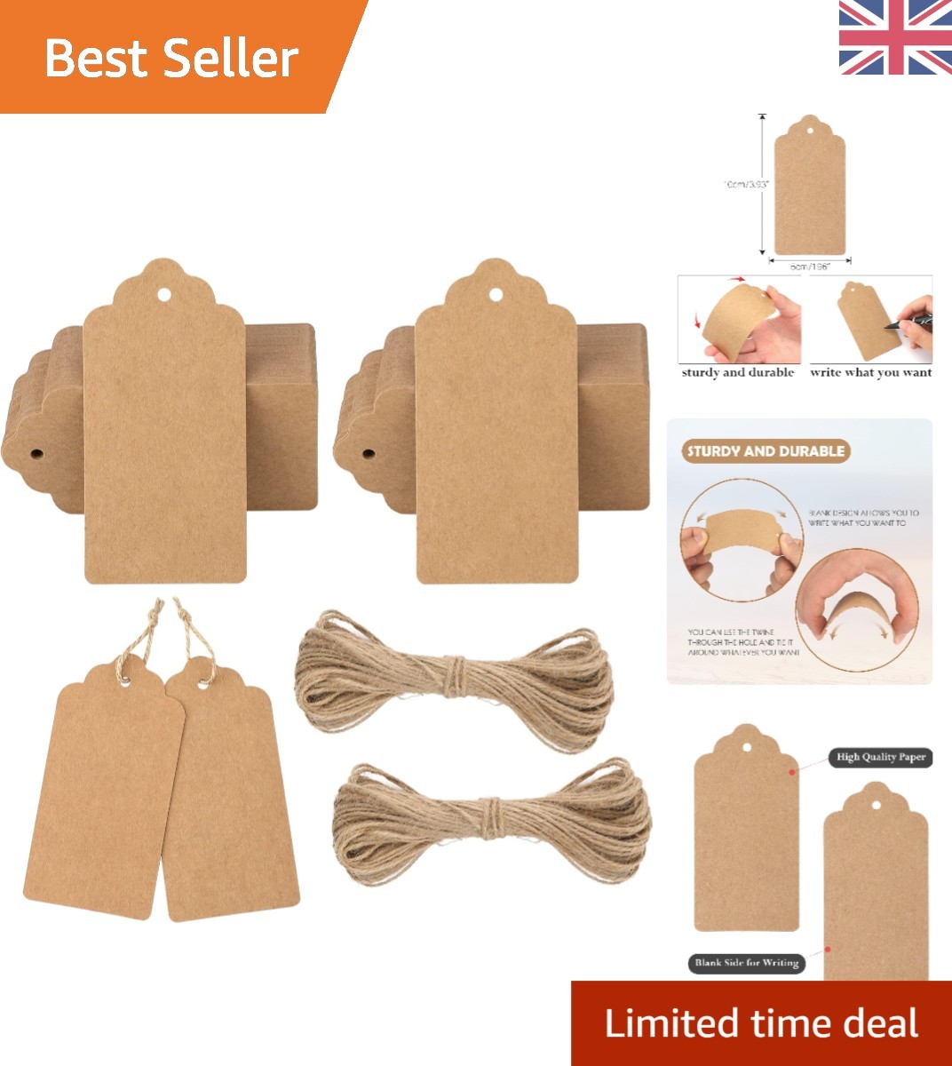 100 Large Kraft Paper Gift Tags - 5x10CM with Sturdy Jute String for Crafting