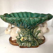 Vintage Majolica Double Rabbit Pedestal Compote Centerpiece