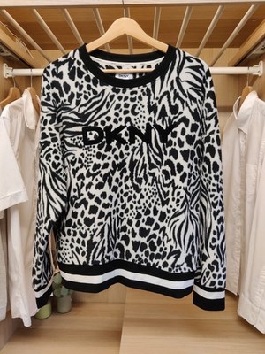 DKNY LARGE SCHWARZ/WEISS PULLOVER PULLI ANIMAL PRINT FLEECE LOUNGE FREIZEIT DAMEN
