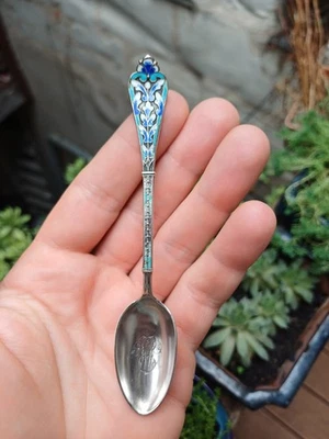 Antique Silver Enamel Russian Spoon 19 TH Cuillère Argent Massif Russe Cloisonné - Photo 1/4