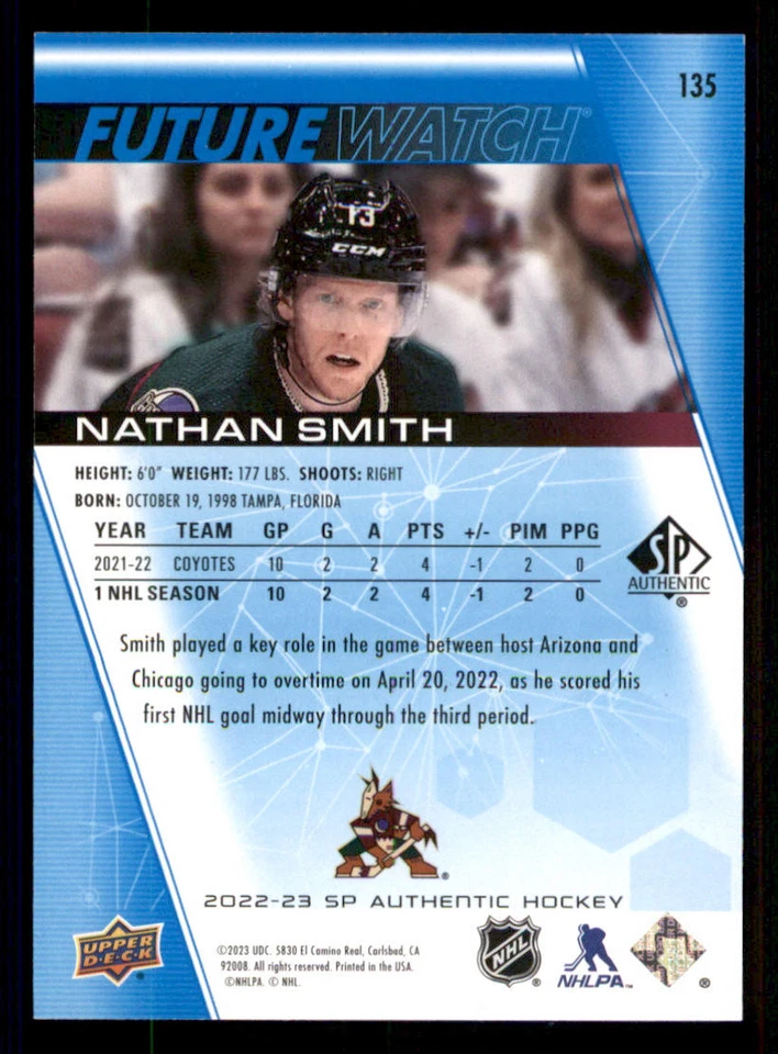 2022-23 SP Authentic Limited Blue #135 Nathan Smith FW /399 - Image 2 of 2