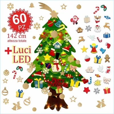 MERIDIANA® Albero Natale Feltro 142 Cm + 60 Pezzi staccabili e 50 luci LED, Montessori
