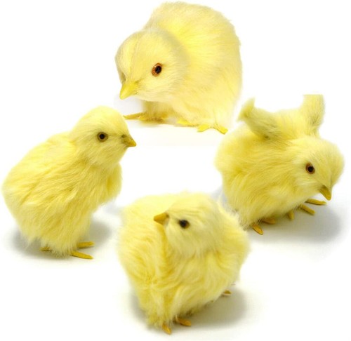 Pack of 4 Realistic Yellow Plush Faux Fur Baby Chicks - Lifelike Farm Animal